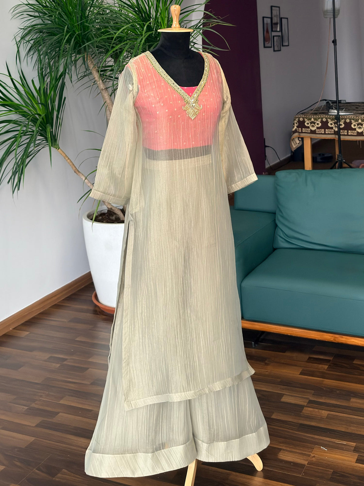 Ivory & Peach Sharara color Bids Sequence Embroidery work Sharara set BLS139
