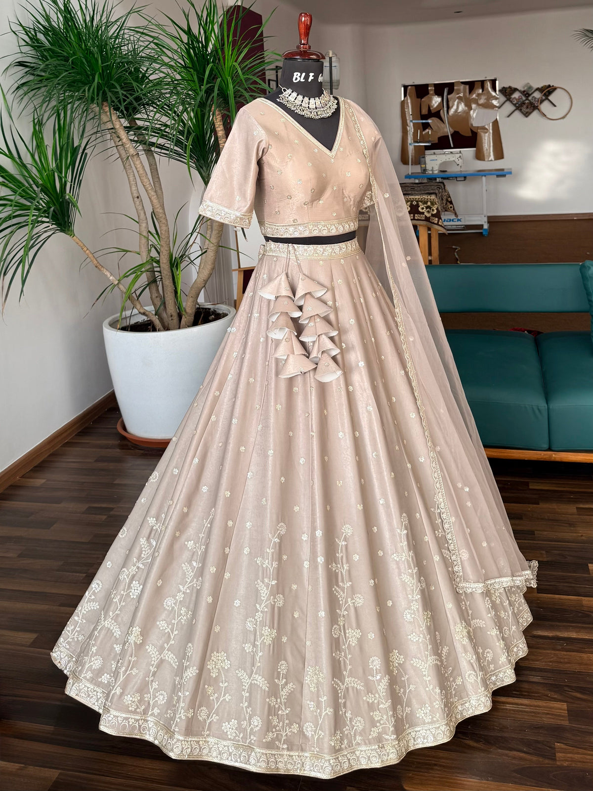 Dusty Nude Gold color Designer Sequence Embroidery work Lehenga choli BL1706