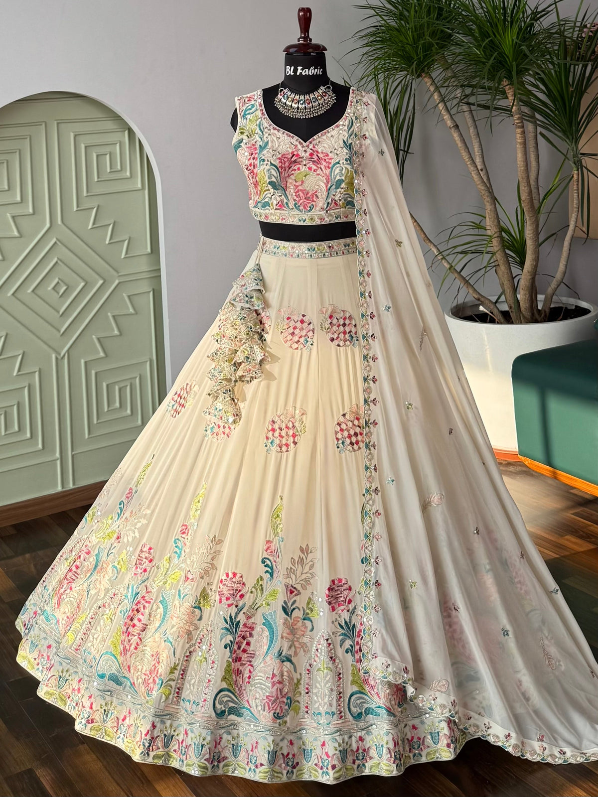 Off White color Real Mirror & Embroidery work Designer Lehenga Choli BL1656