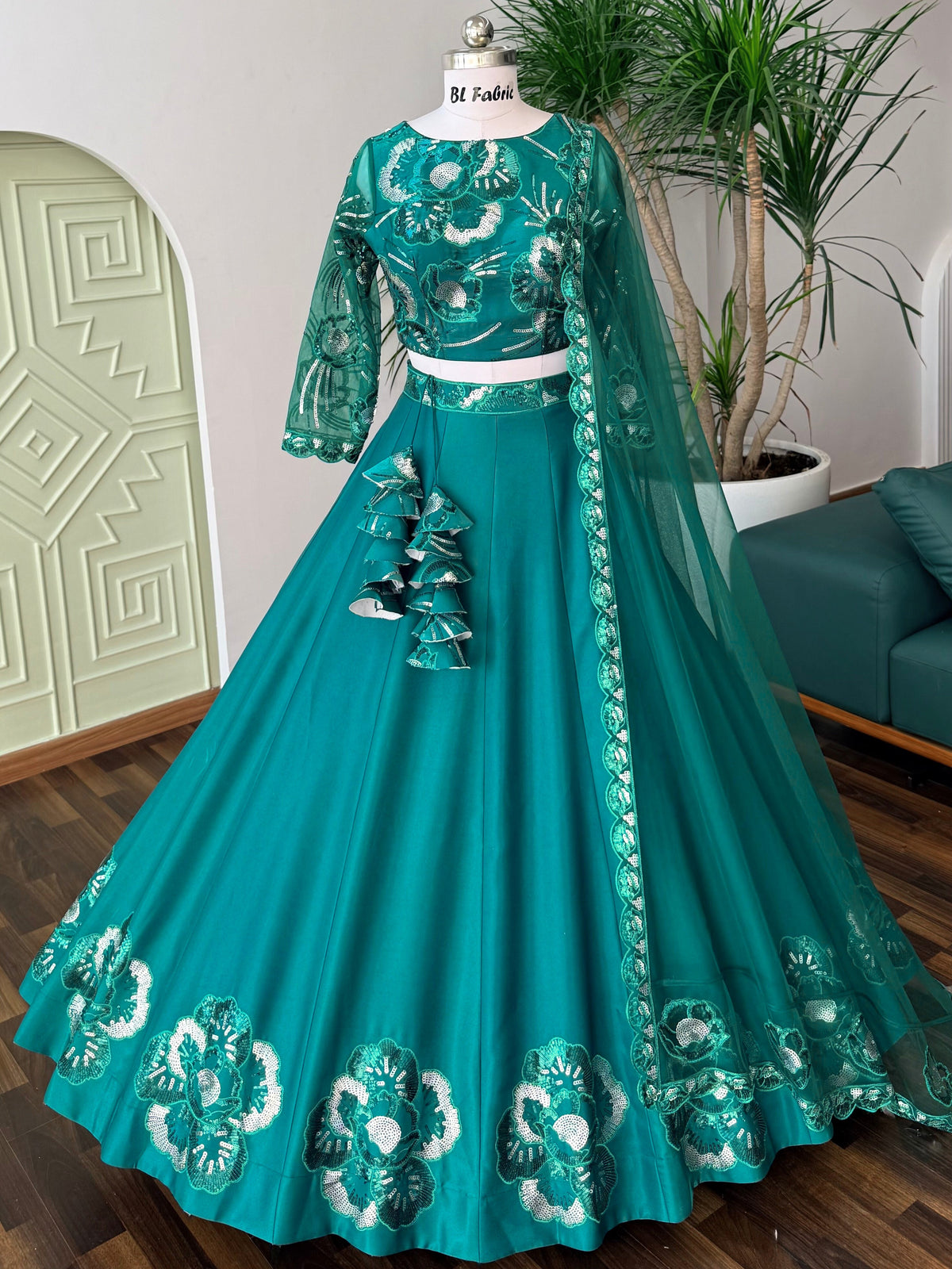 Teal Green Color Sequence Embroidery work Ruffle Style Lehenga Choli for any function BL1699