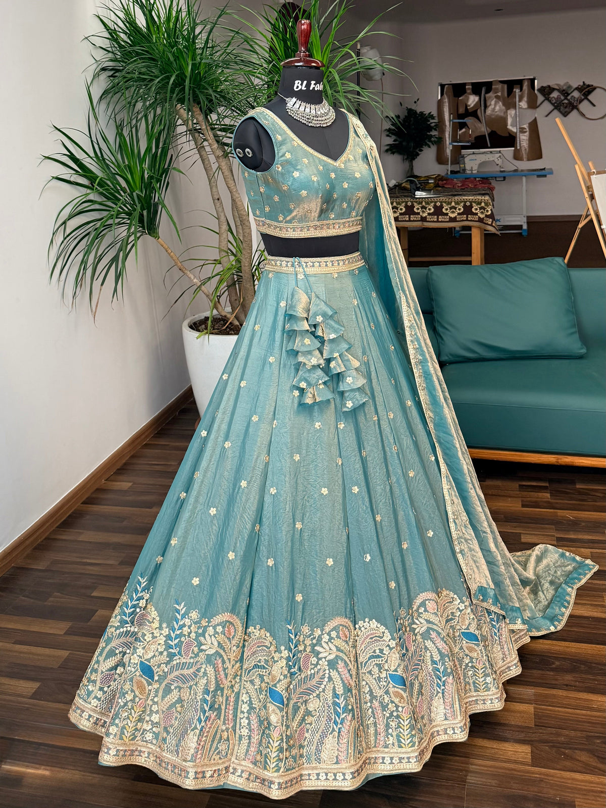 Dusty sky Blue color Zari Thread work Designer Wedding Lehenga Choli BL1736