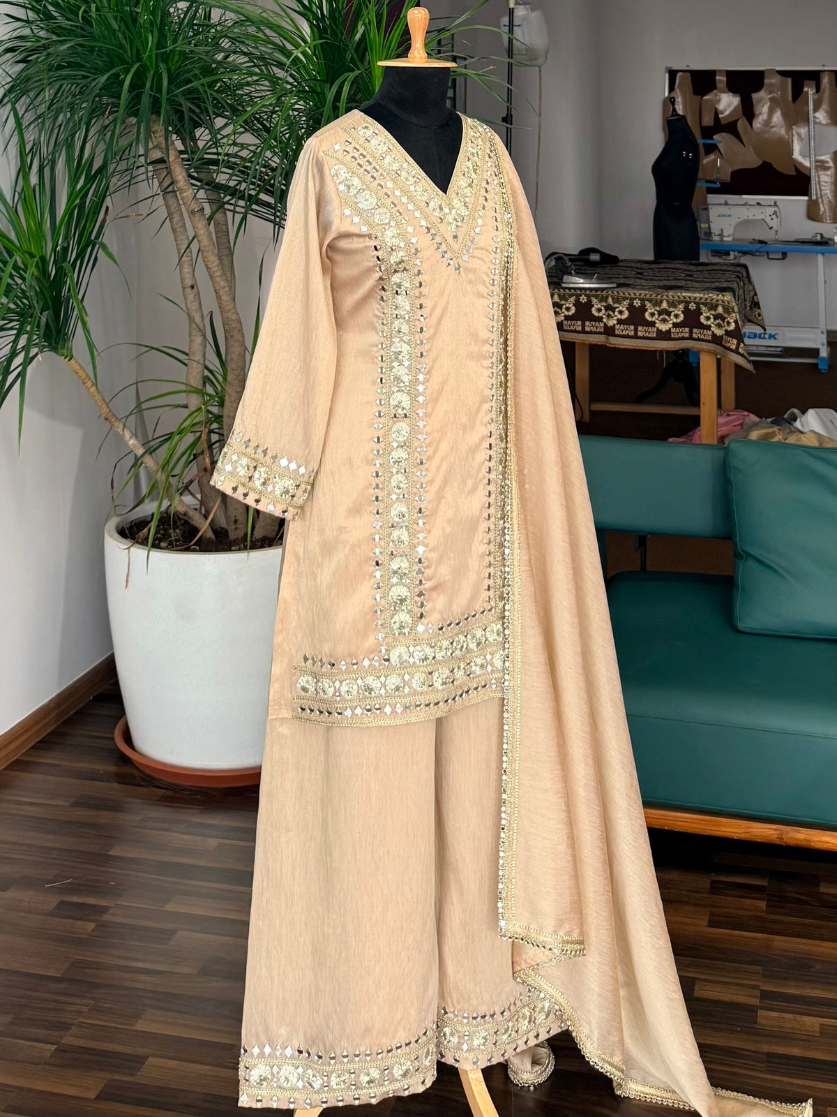 Champagne Gold Mirror & Embroidery Work Sharara set BLS120