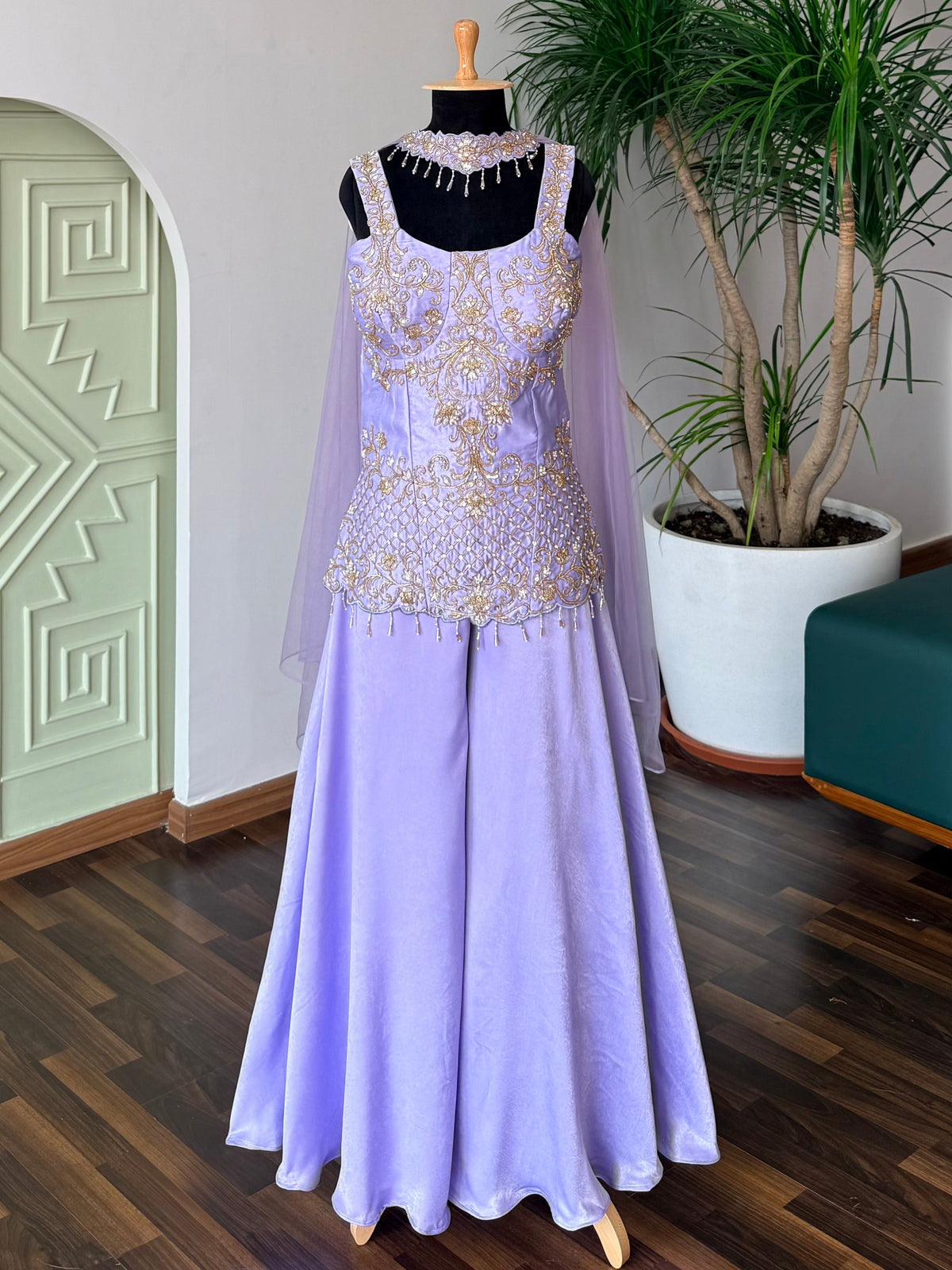 Pastel Lavender color Bids Sequence Embroidery work Sharara set BLS140