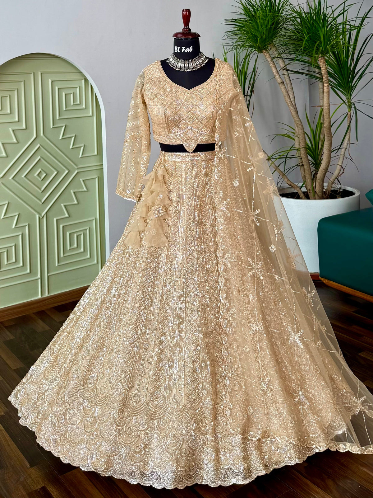 Golden color Bids Embroidery work Designer Lehenga Choli for Wedding Function BL1630