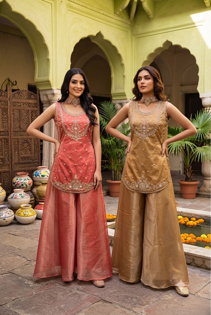Golden color Bids Embroidery work Sharara set BLS125
