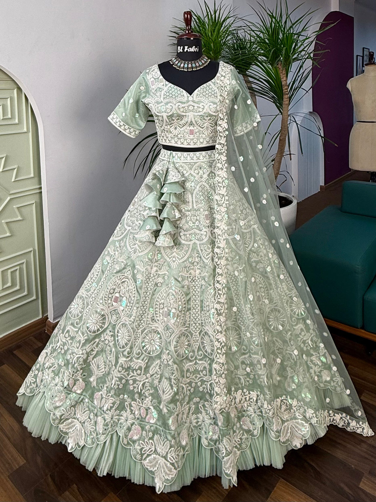 Light Green color Designer Sequence Embroidery work Lehenga choli for Wedding Function BL1605