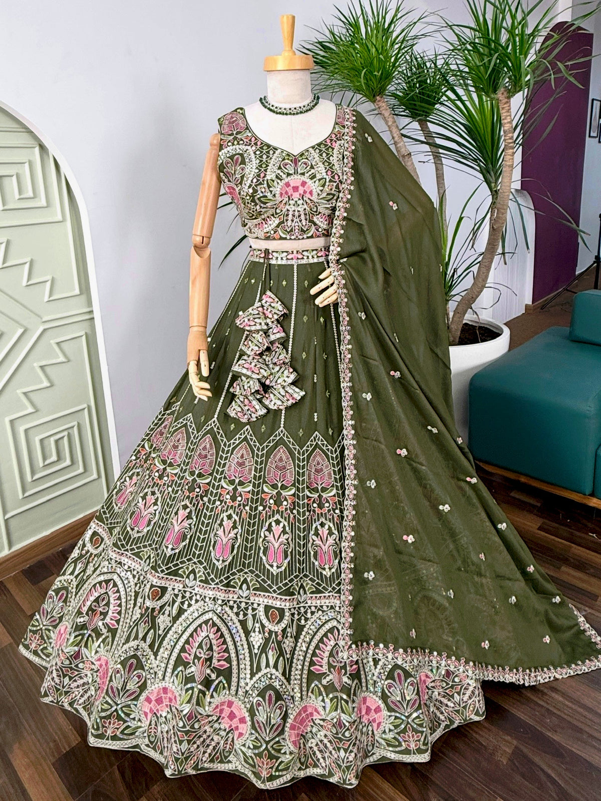 Mehendi color Real Mirror & Embroidery work Designer Lehenga Choli BL1598