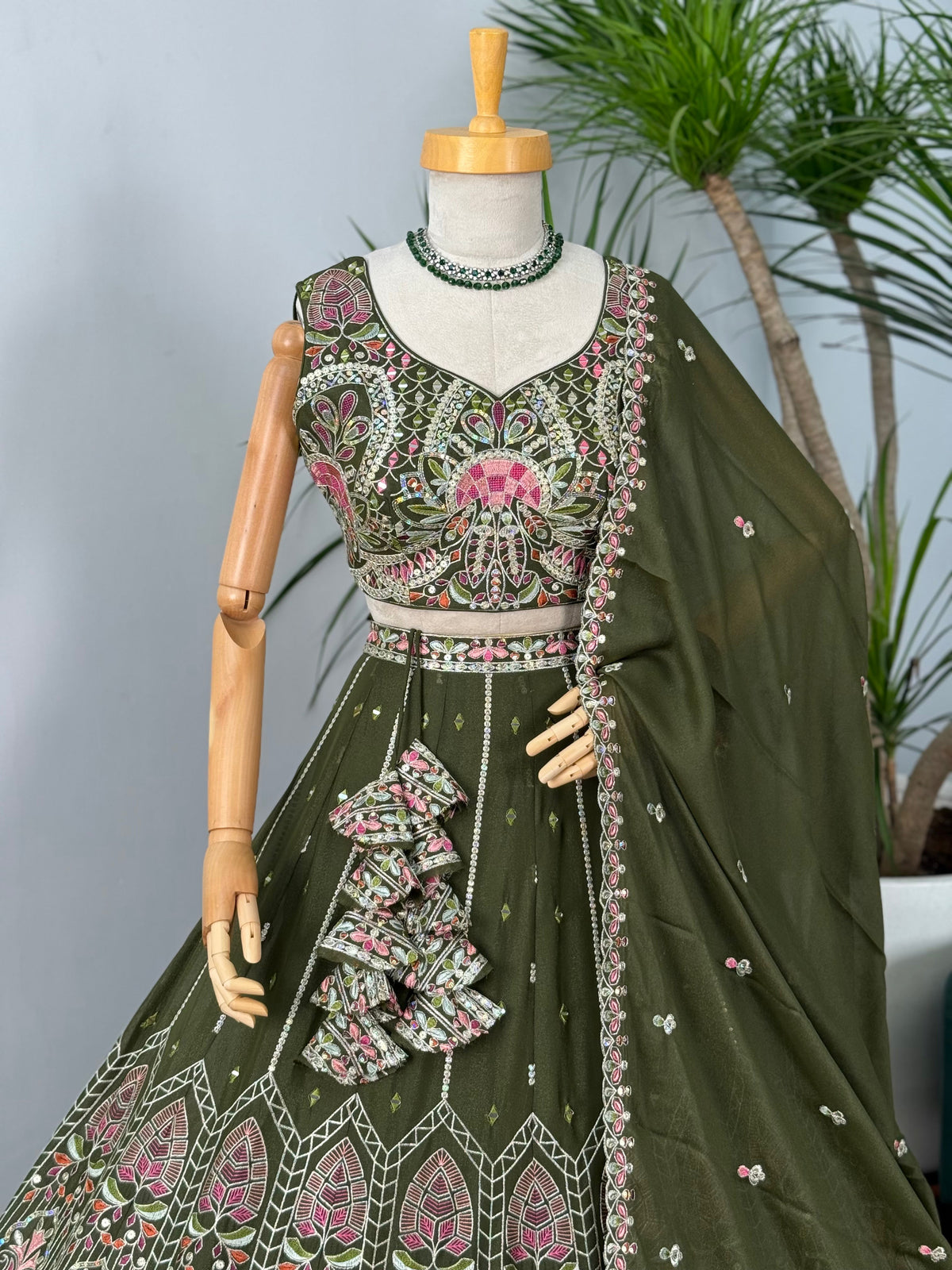 Mehendi color Real Mirror & Embroidery work Designer Lehenga Choli BL1598