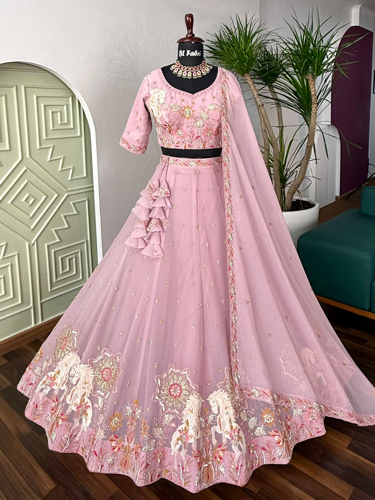 Light Pink color Hand Embroidery machine work Designer Lehenga Choli for Wedding Function BL1603
