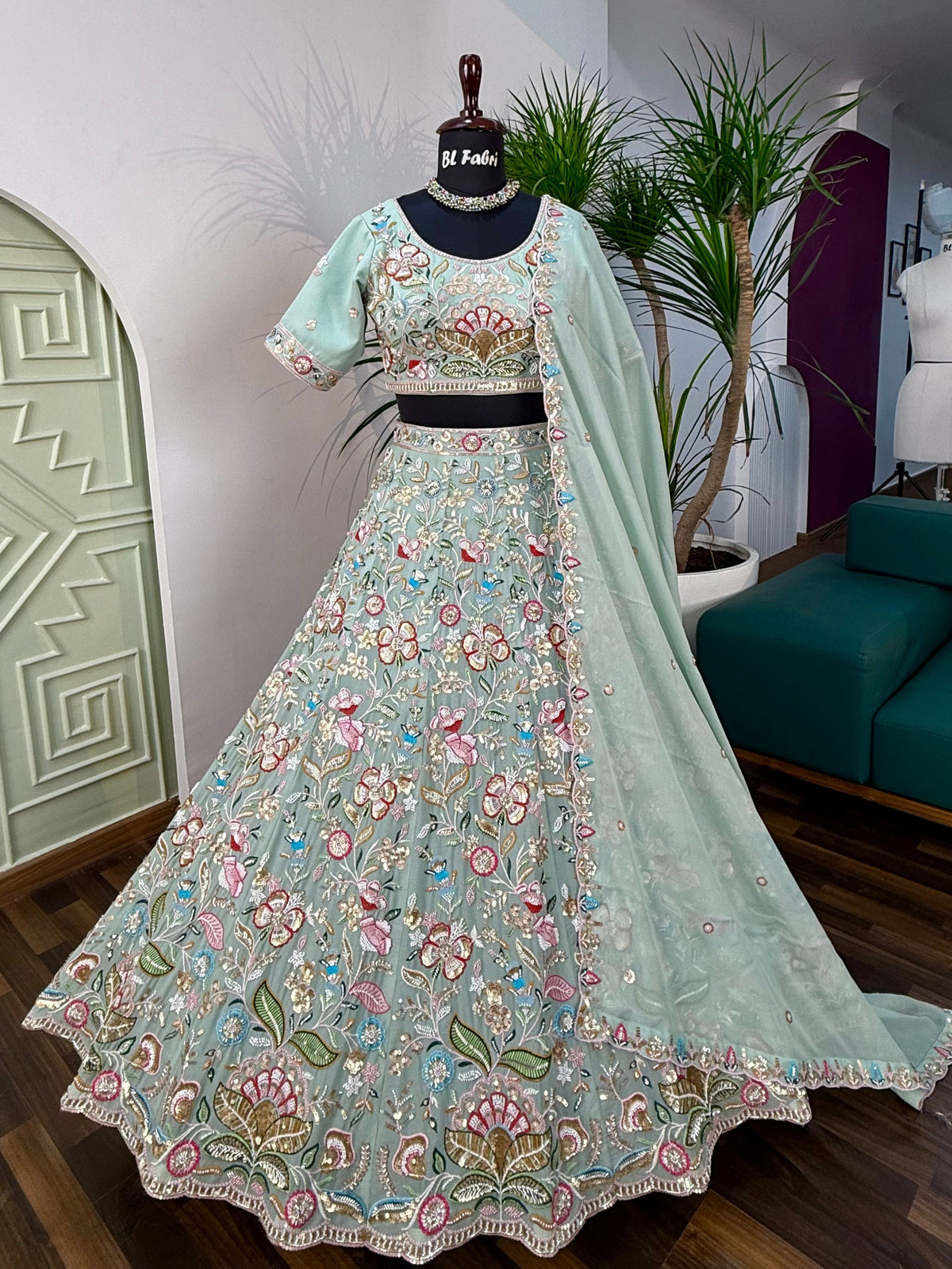Pastal Green color Hand Embroidery work Designer Lehenga Choli for Wedding Function BL1599