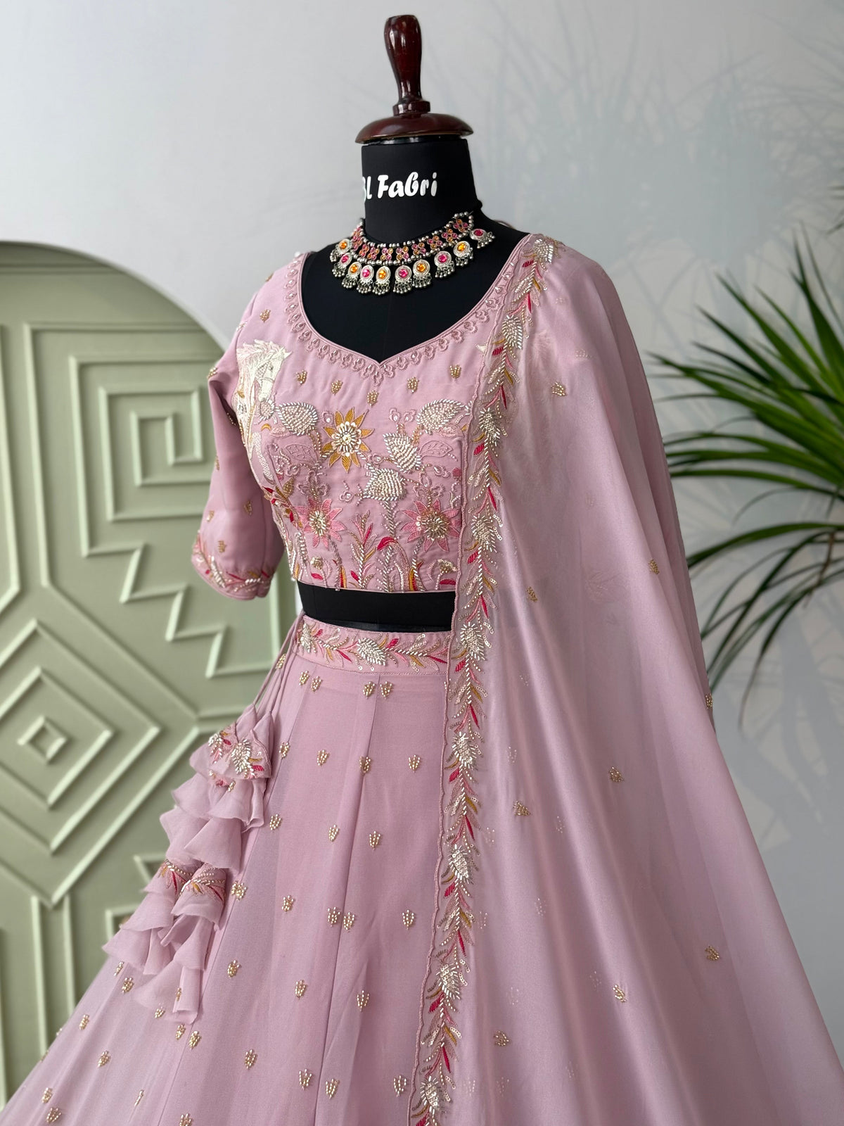 Light Pink color Hand Embroidery machine work Designer Lehenga Choli for Wedding Function BL1603