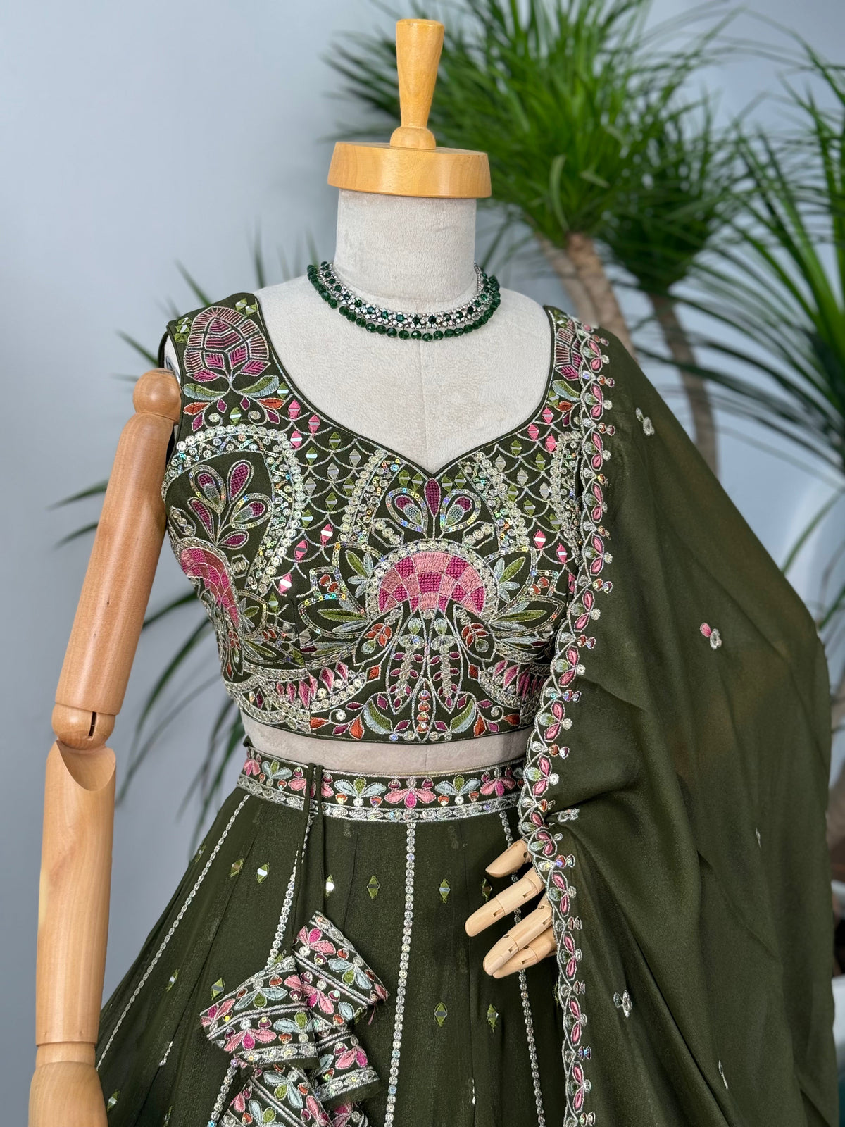 Mehendi color Real Mirror & Embroidery work Designer Lehenga Choli BL1598