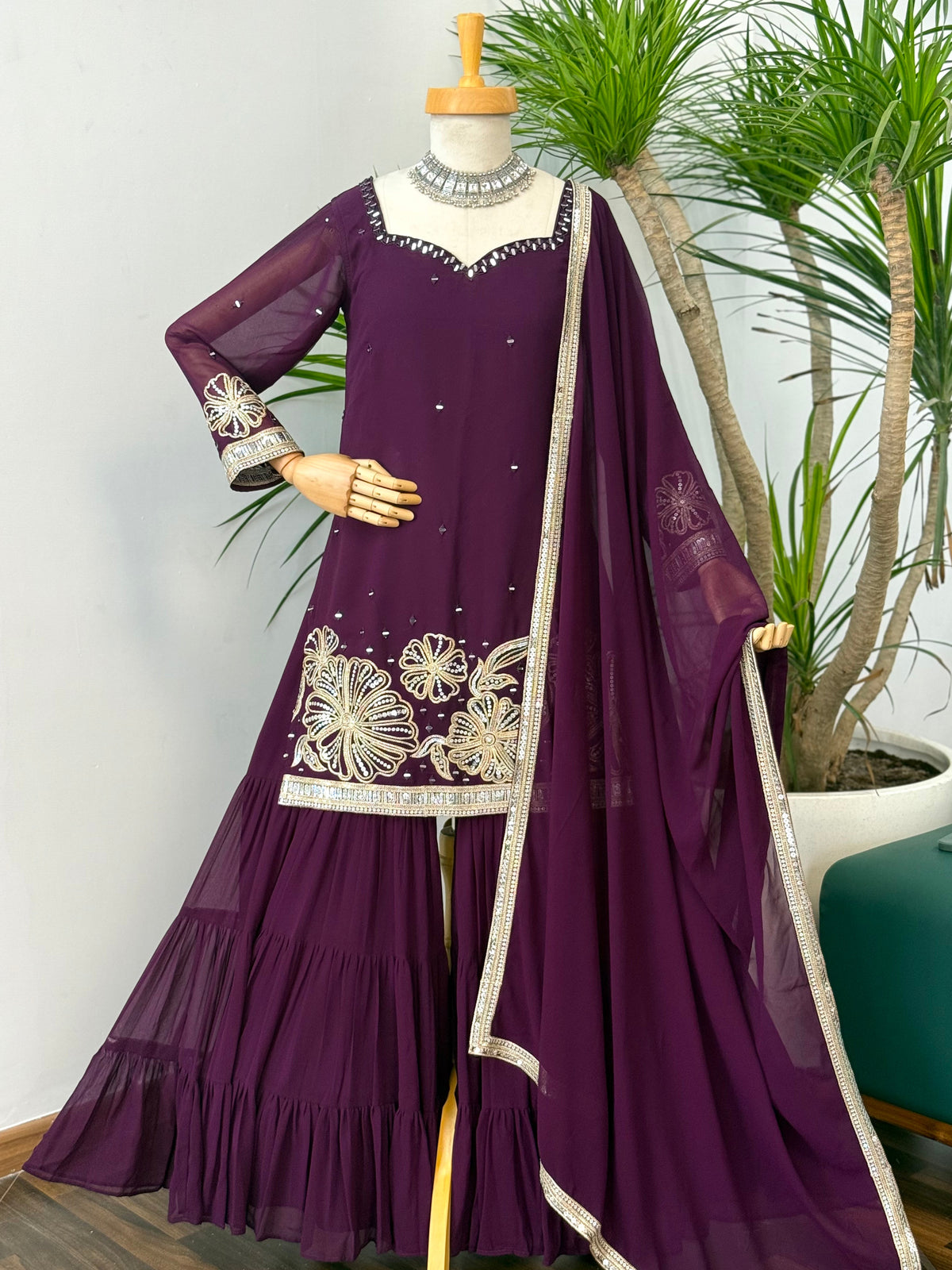 Purple color Sequence Embroidery work Sharara BLS100