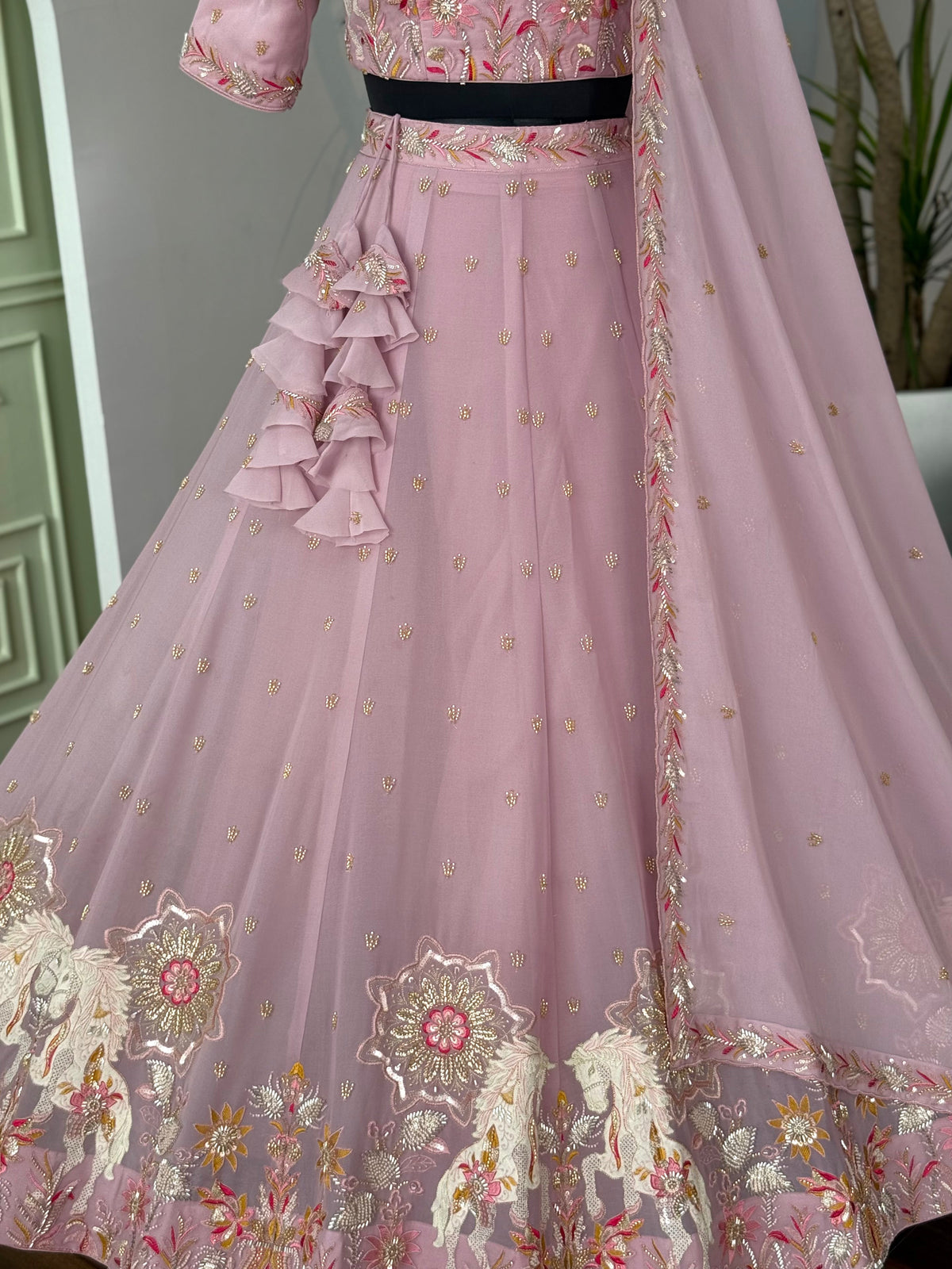 Light Pink color Hand Embroidery machine work Designer Lehenga Choli for Wedding Function BL1603