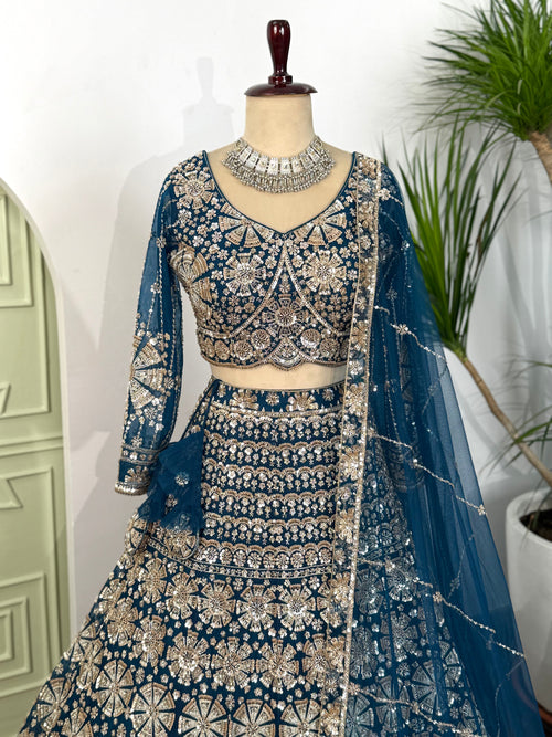 Firozi color Hand Embroidery work Designer Lehenga Choli for Wedding Function BL1606