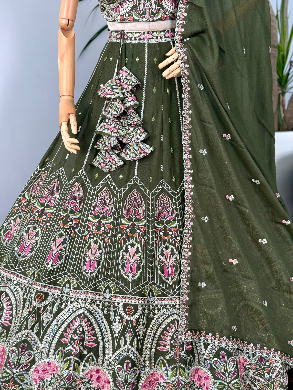Mehendi color Real Mirror & Embroidery work Designer Lehenga Choli BL1598
