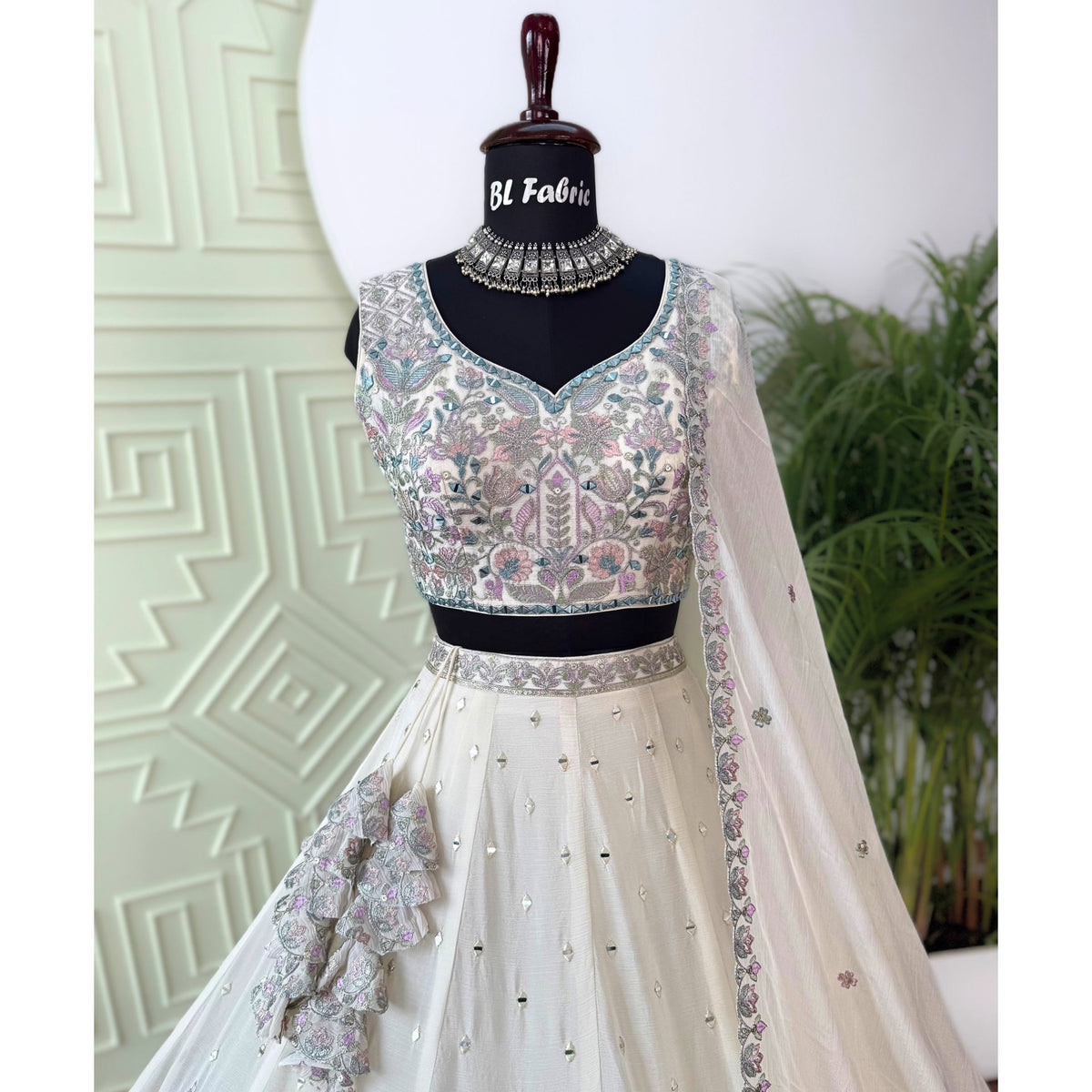 Off White color Real Mirror & Embroidery work Designer Lehenga Choli BL1583
