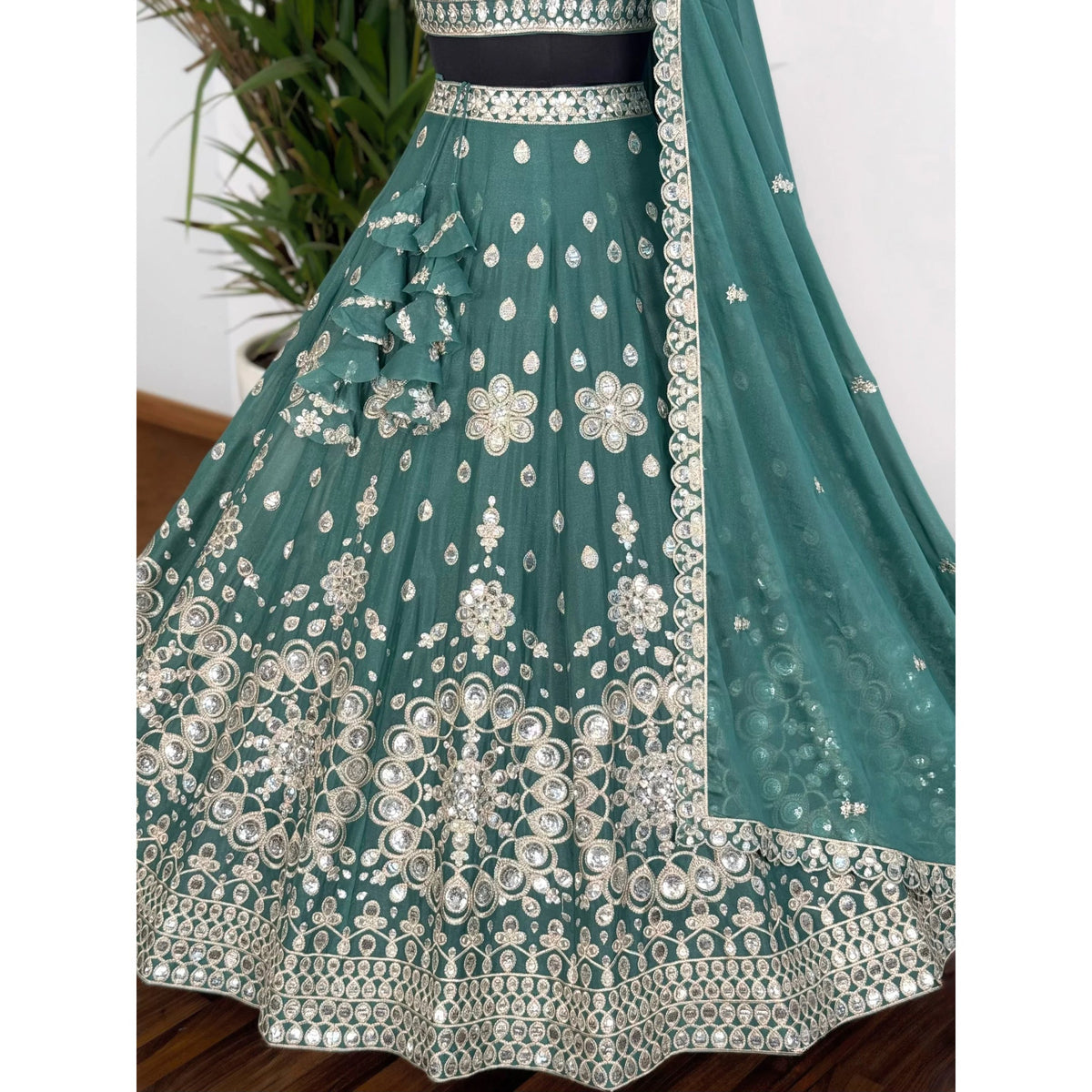 Mid Green color Sequence Embroidery work Designer Lehenga Choli BL1588