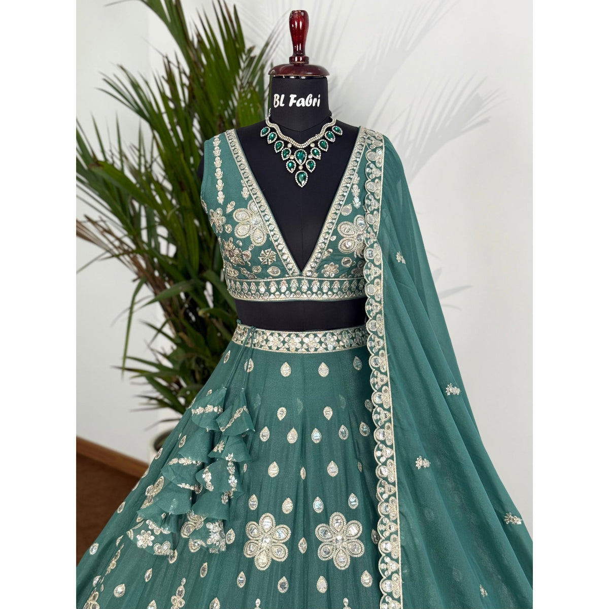 Mid Green color Sequence Embroidery work Designer Lehenga Choli BL1588