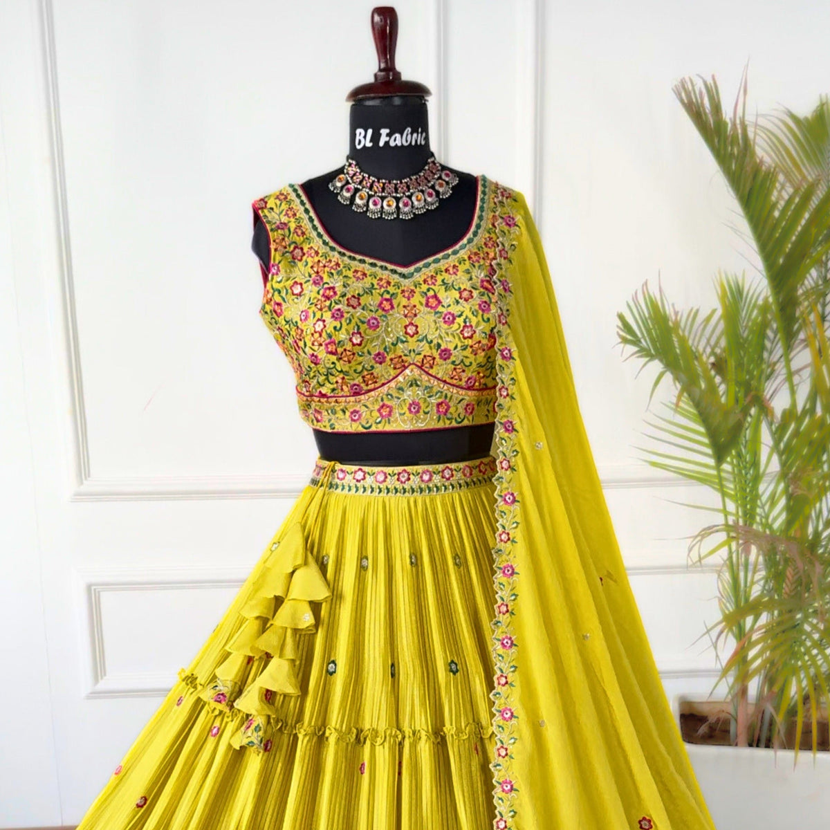 Yellow color Crush & Mirror Embroidery work Ruffle Style Lehenga Choli for any function BL1492