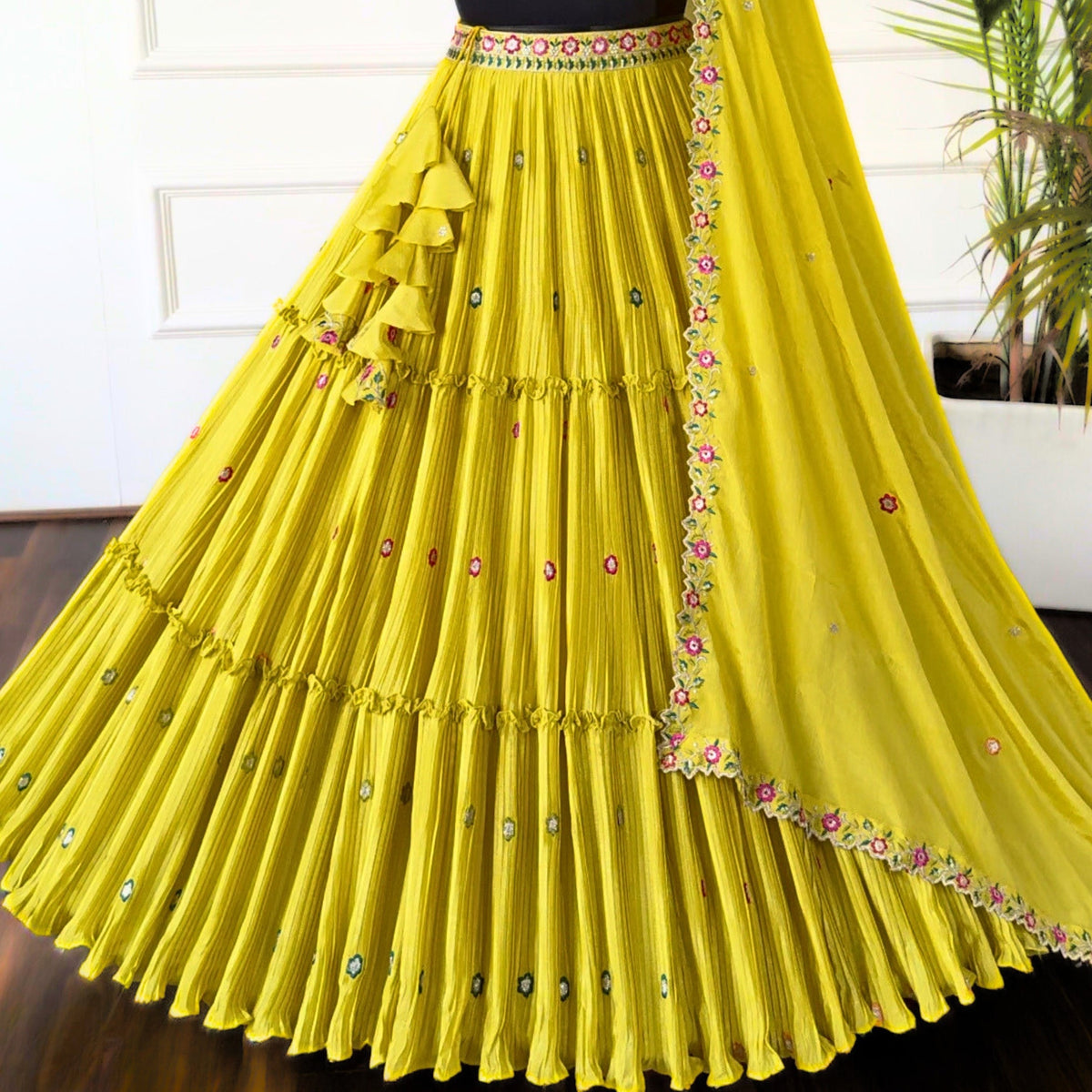 Yellow color Crush & Mirror Embroidery work Ruffle Style Lehenga Choli for any function BL1492