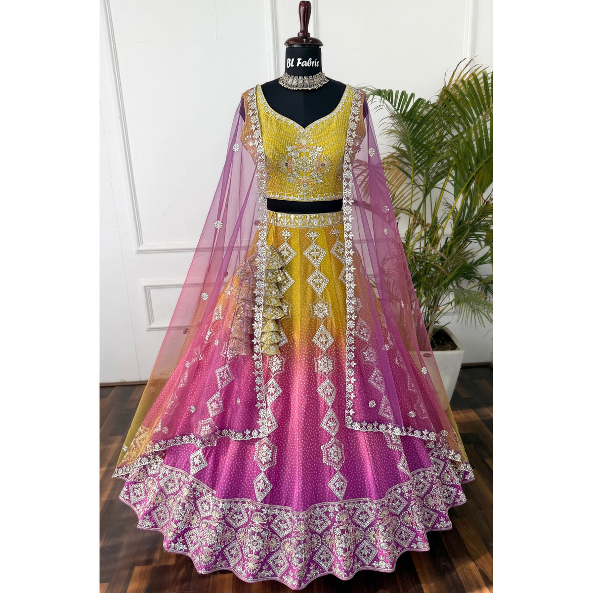 Shadding Yellow Pink color Sequence Embroidery work Designer Lehenga Choli for Wedding Function BL1524