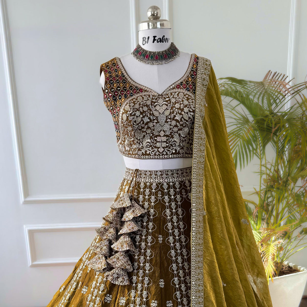 Shadding Mehendi color Real Mirror & Embroidery work Designer Lehenga Choli BL1539