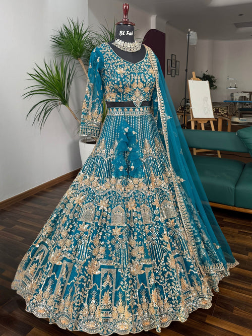 Firozi color Hand Embroidery work Designer Lehenga Choli for Wedding Function BL1616