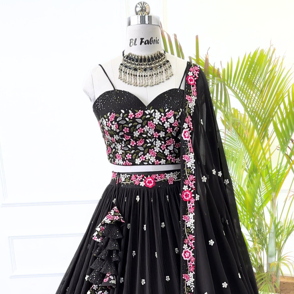 Black color Crush & Embroidery work Ruffle Style Lehenga Choli for any function BL1454