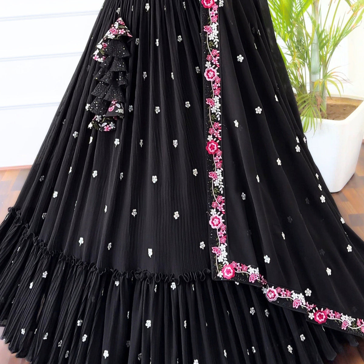Black color Crush & Embroidery work Ruffle Style Lehenga Choli for any function BL1454