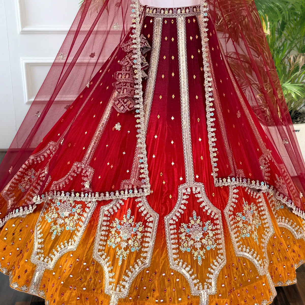 Shadding Red Orange color Sequence Embroidery work Designer Lehenga Choli for Wedding Function BL1577