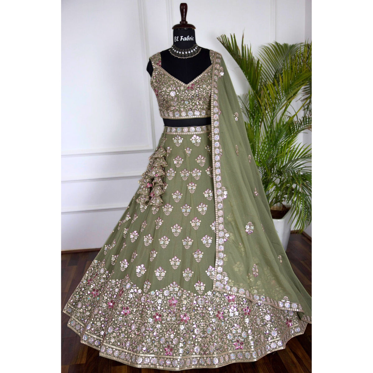 Light green color Sequence Embroidery work Designer Lehenga Choli for Wedding Function BL1470