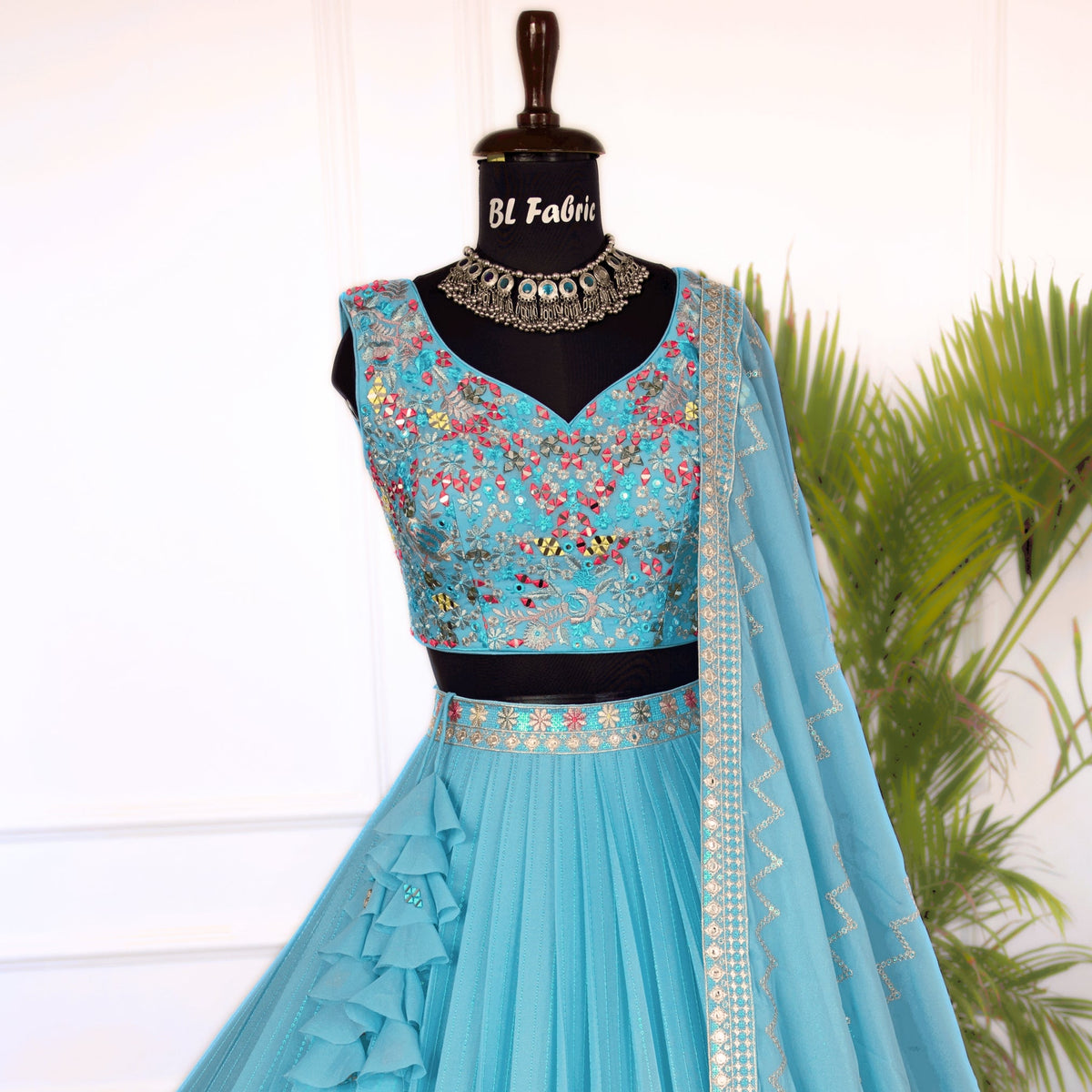 Skyblue color Real Mirror & Thread Embroidery work Designer Lehenga Choli for Wedding Function BL1472