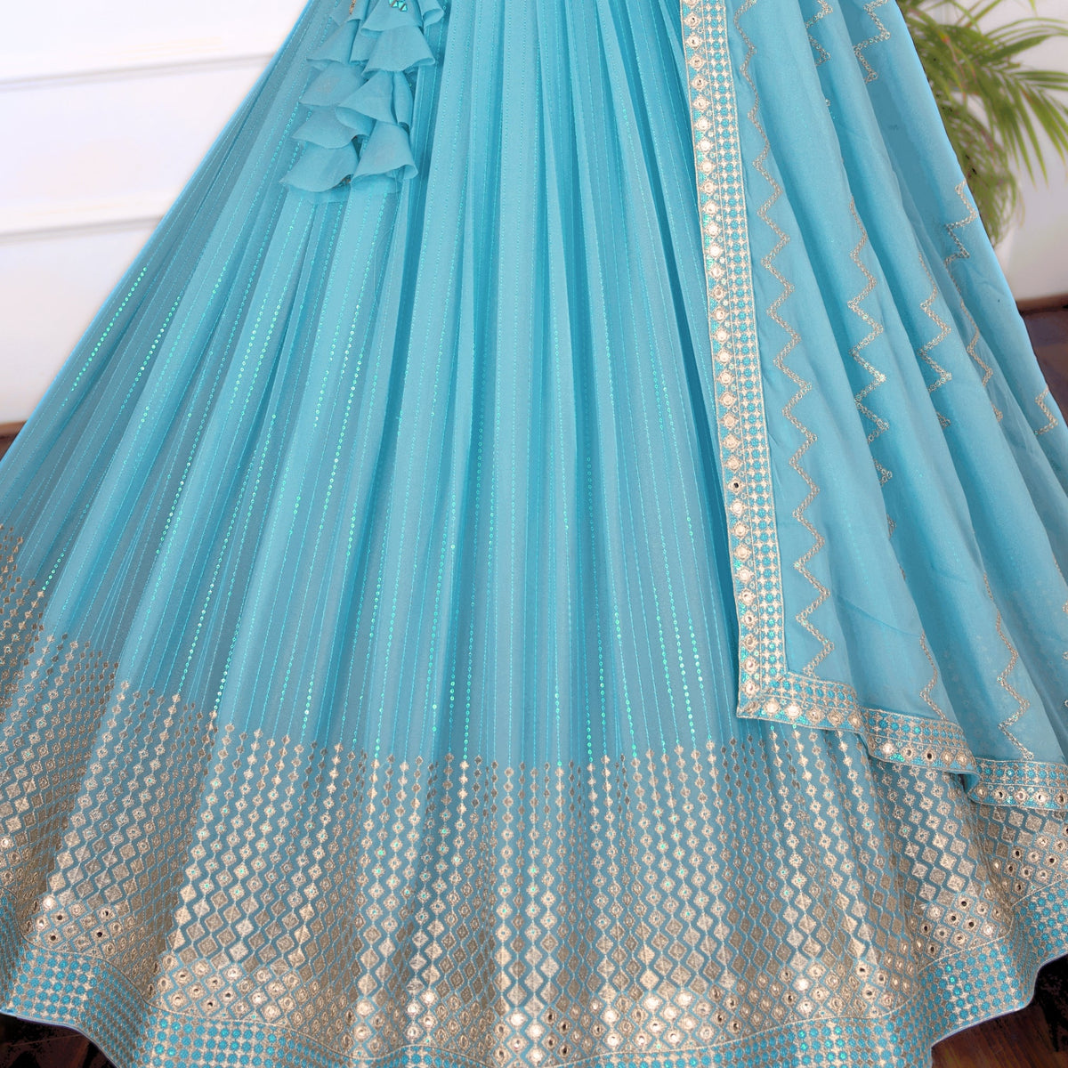 Skyblue color Real Mirror & Thread Embroidery work Designer Lehenga Choli for Wedding Function BL1472