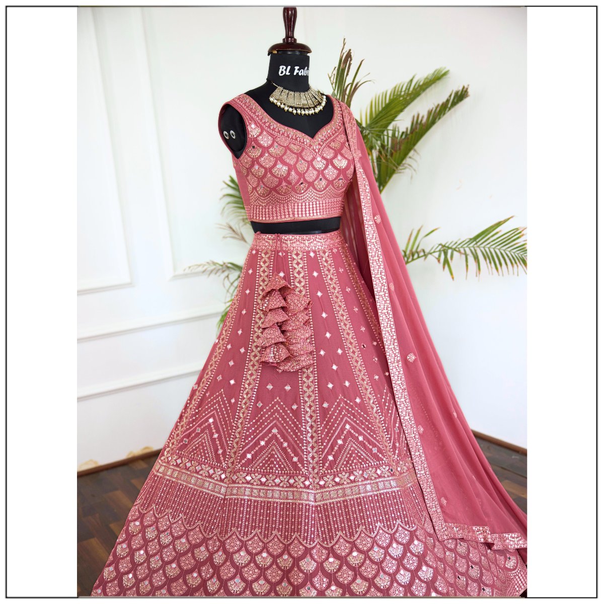 Peach color Real Mirror Embroidery work Designer Lehenga Choli for Wedding Function BL1476