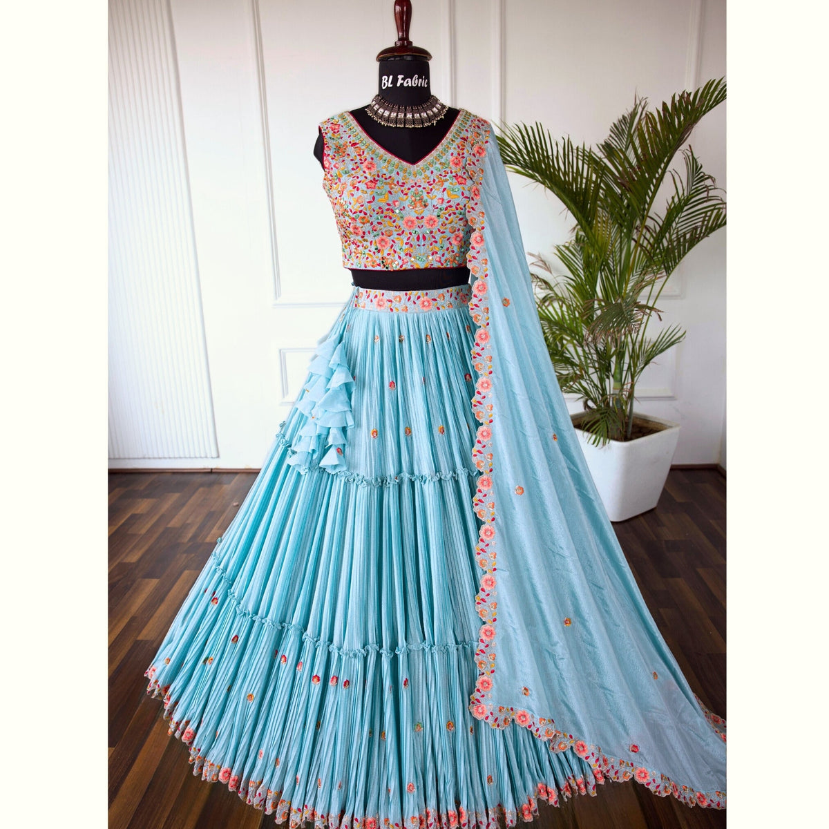 Skyblue color Crush & Mirror Embroidery work Ruffle Style Lehenga Choli for any function BL1498