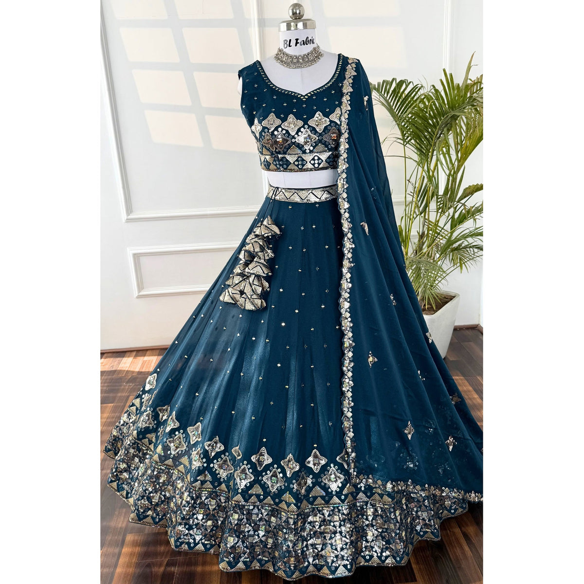 Blue color Real Mirror & Sequence Embroidery work Designer Lehenga Choli for Wedding Function BL1542