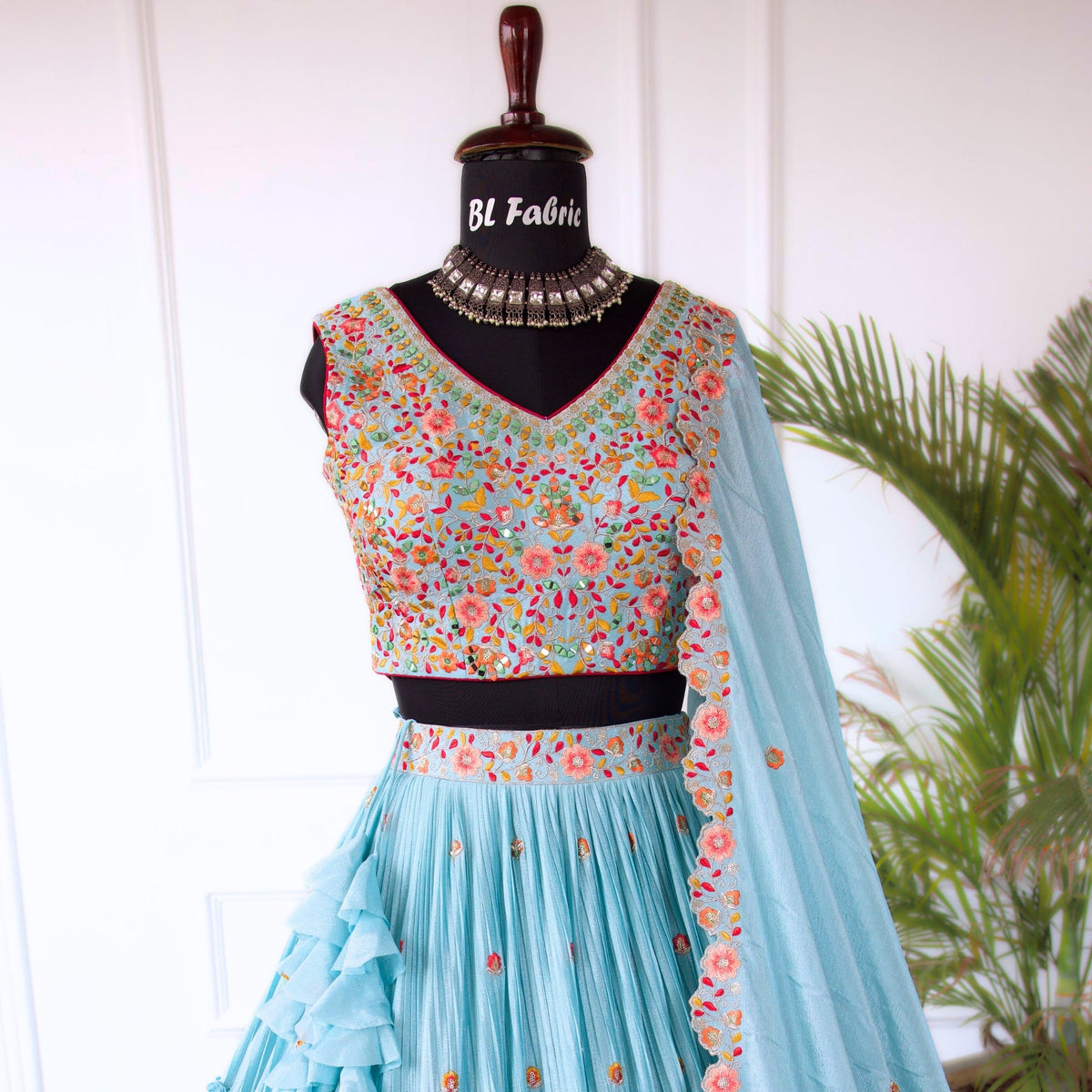 Skyblue color Crush & Mirror Embroidery work Ruffle Style Lehenga Choli for any function BL1498