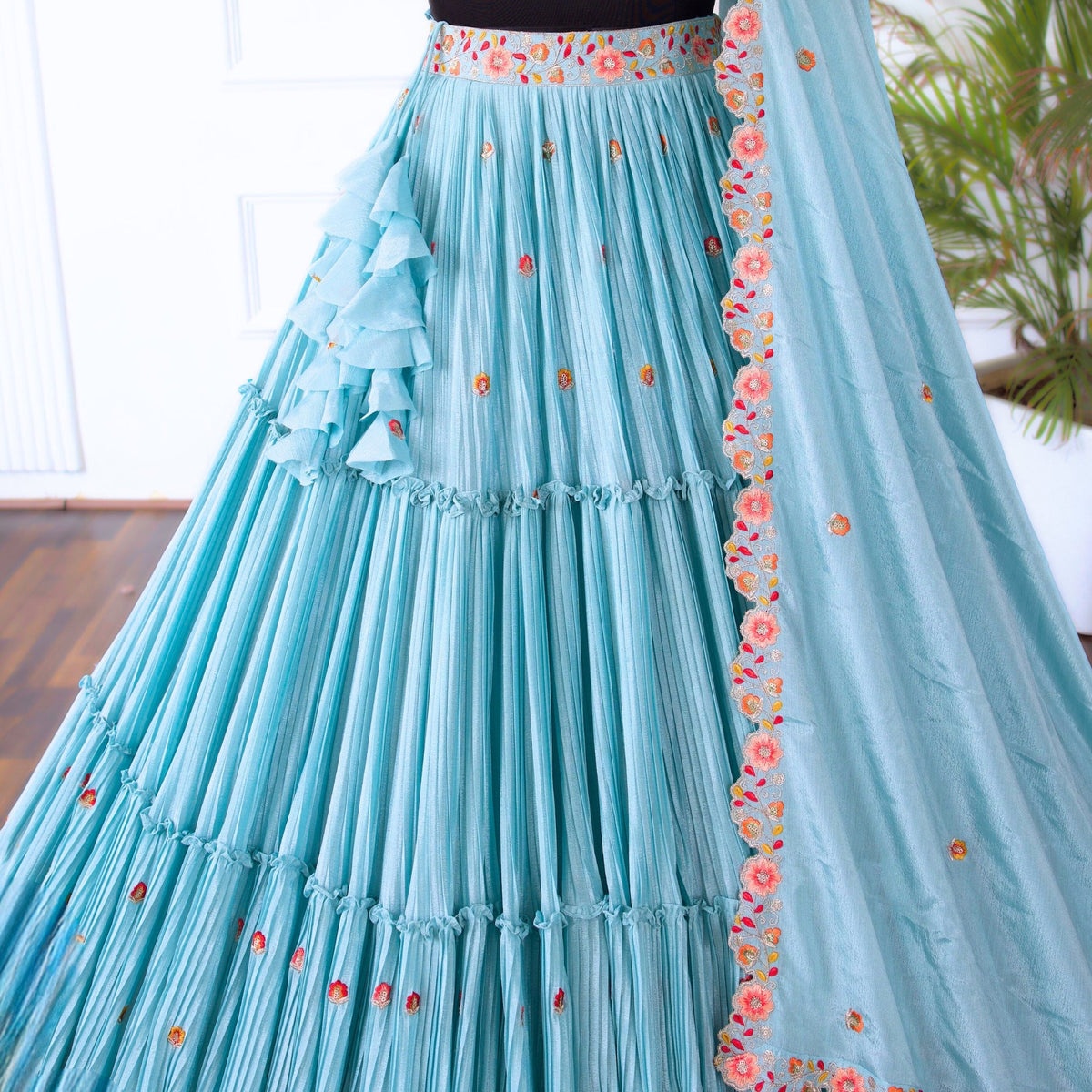 Skyblue color Crush & Mirror Embroidery work Ruffle Style Lehenga Choli for any function BL1498