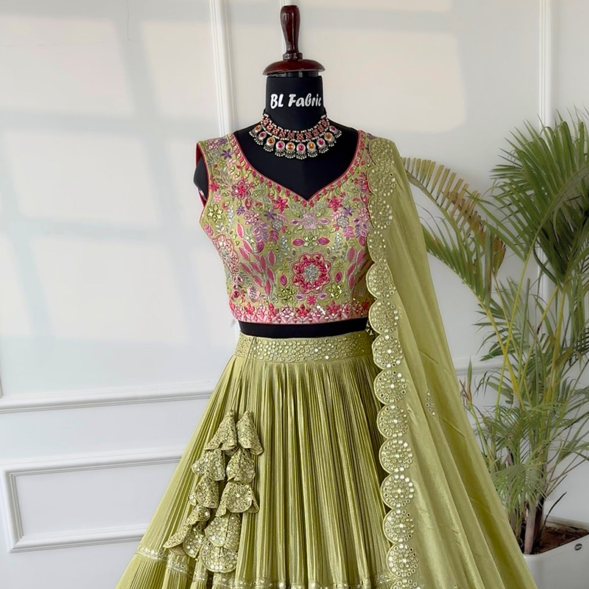 Pastal Green color Crush & Mirror Embroidery work Ruffle Style Lehenga Choli BL1546