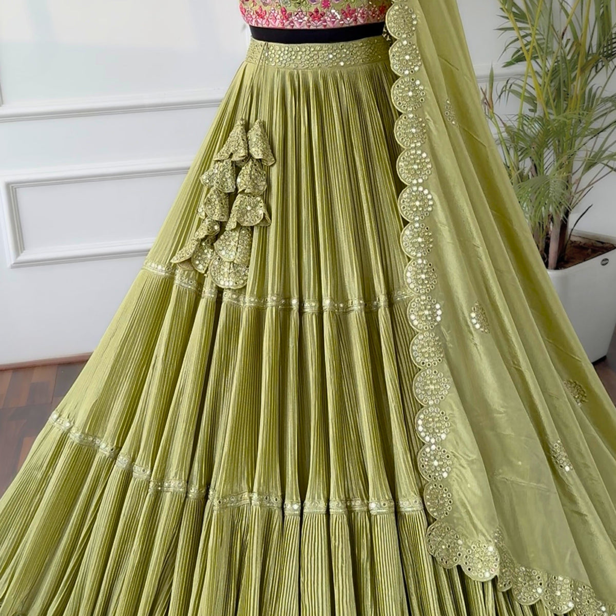 Pastal Green color Crush & Mirror Embroidery work Ruffle Style Lehenga Choli BL1546