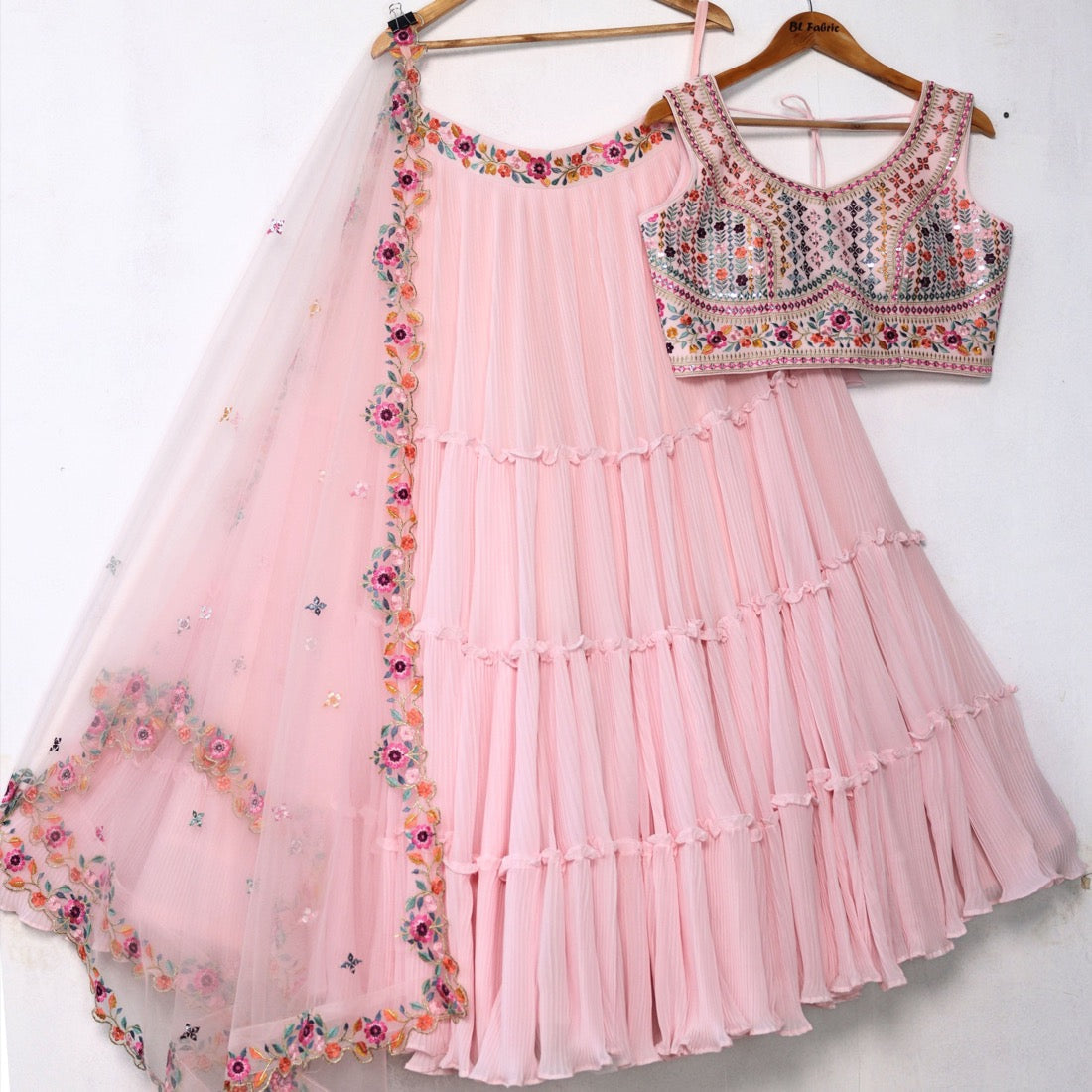 Pink color Mirror Embroidery & Crush work Ruffle Style Lehenga Choli for any function BL1256