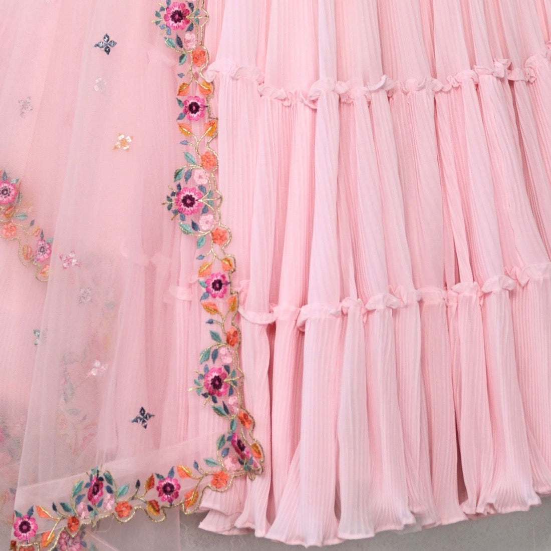 Pink color Mirror Embroidery & Crush work Ruffle Style Lehenga Choli for any function BL1256