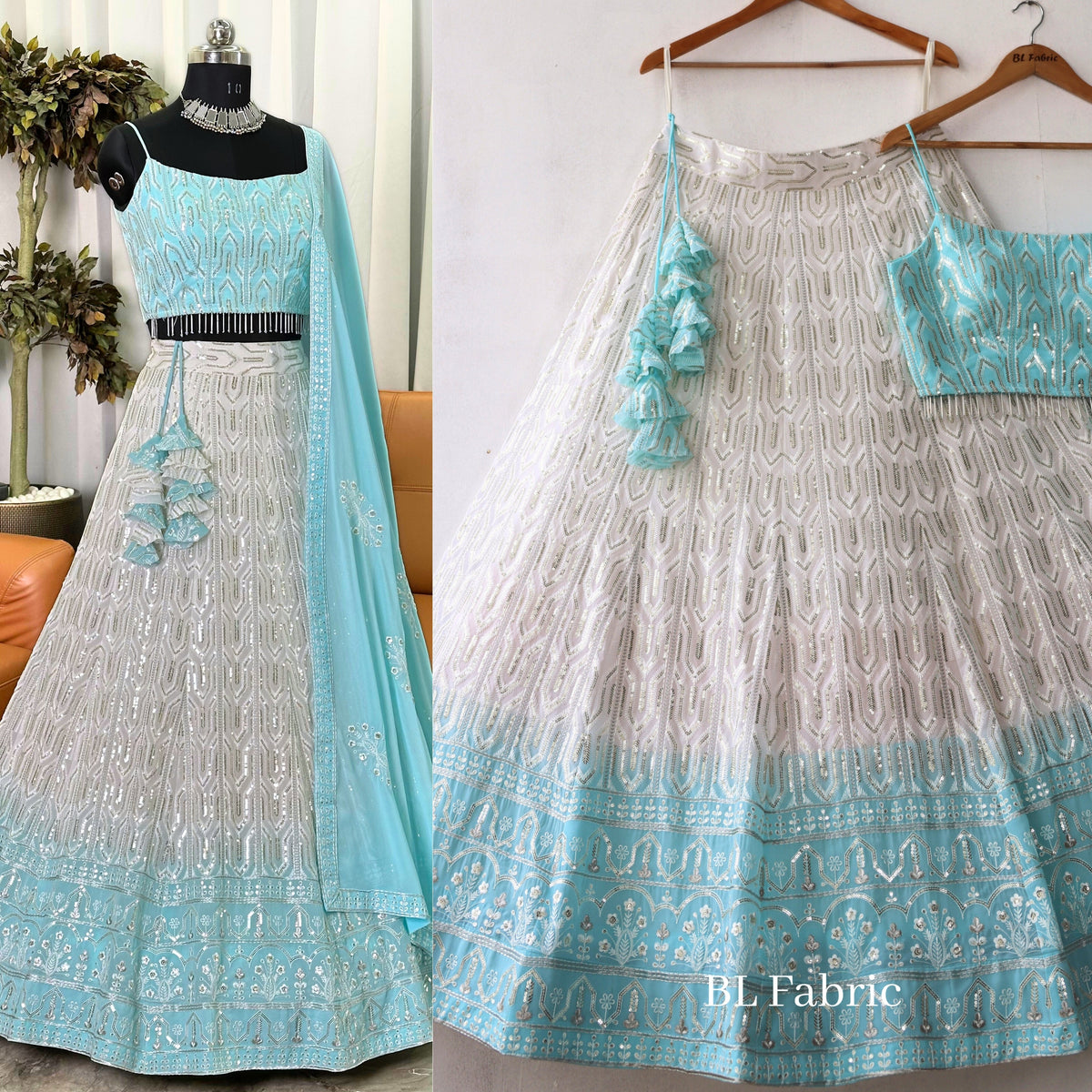 White Skyblue Shading color Sequence & Thread work Designer Wedding Lehenga Choli BL1289